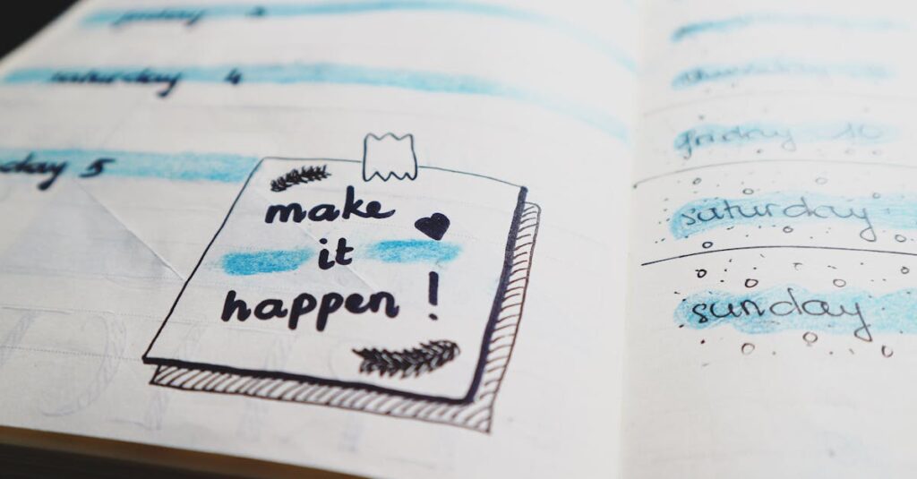 Close-up view of a planner page with motivational text and colorful designs.