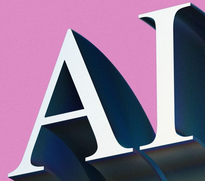 Creative AI typography art with gradient effects on a pink backdrop.